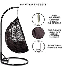 Load image into Gallery viewer, Carry Bird Furniture Metal; Rattan and Wicker Cocoon Ball Basket Chair Hanging Swing with Tufted Outdoor Poly-Fibre Patio Seat Padded Cushion Pillow and Stand Hook; Standard; Black - Home Decor Lo