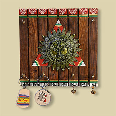 ExclusiveLane 'The Sun Centre' Warli Handpainted Home Decorative Keychain Holder Key Hangers Key Stand for Home & Wall Decorative Wooden Hanging Key Holder for Wall (Brown) (EL-012-056) - Home Decor Lo