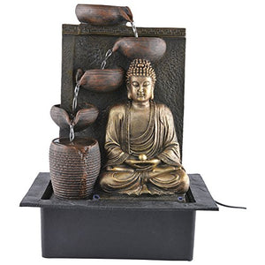Chronikle Buddha Polystone 5 Steps Indoor Table Top Water Fountain with LED Lights and Water Pump (Brown,Golden, 41cm X 31cm X 23cm) - Home Decor Lo