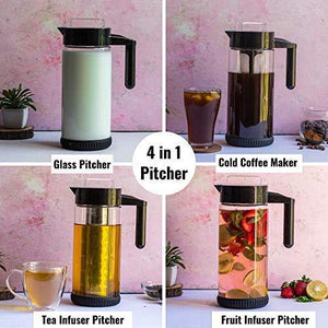 InstaCuppa Borosilicate Glass Infuser Water Pitcher 1300 ML, Idle for Cold Brew Coffee, Fruit Infusion and Iced Tea Pot, Includes Steel & Mesh Infusion Units, Protective Sleeve, Recipes eBook - Home Decor Lo