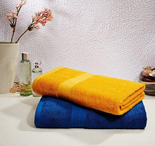 Load image into Gallery viewer, Amazon Brand - Solimo 100% Cotton 2 Piece Bath Towel Set, 500 GSM (Iris Blue and Sunshine Yellow) - Home Decor Lo
