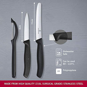 Victorinox Kitchen Knife, Set of 3, Sharp Straight Edge and Wavy Edge Knives with Stainless Steel Universal Peeler, Black - Home Decor Lo