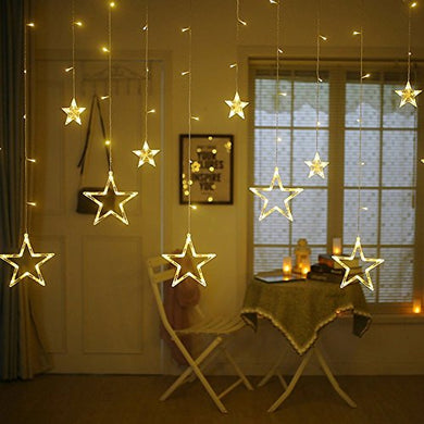 Quace 12 Stars 138 LED Curtain String Lights, Window Curtain Lights with 8 Flashing Modes Decoration for Christmas, Wedding, Party, Home, Patio Lawn, Warm White (138 LED - Star) - Warm White - Home Decor Lo