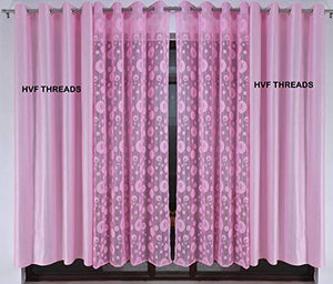 HVF THREADS with Device Polyester Net Planet and Long Crush Pair Plain Curtain for Door 7 Feet, Pink Pack of 4 - Home Decor Lo