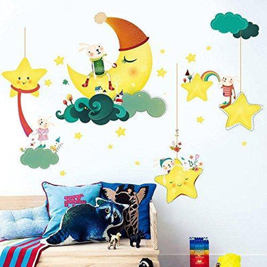 Decals Design 'Cute Cartoon Moon Stars Clouds with Rabbit Family' Wall Sticker (PVC Vinyl, 60 cm x 90 cm) - Home Decor Lo