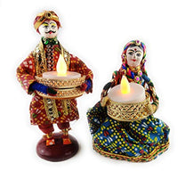 Load image into Gallery viewer, JH Gallery Handmade Recycled Material Puppet Diyas Rajasthani Dolls Tealight/Diya/Diwali Diya/Festive Diya/Lightining Diya/Figurine Diya/Idol DiyasGift for Diwali (15 cm x 15 cm) (1 Pair) - Home Decor Lo
