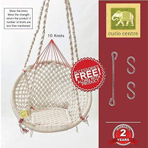 Curio Centre Make in India Cotton Round Swing & Hammock/Swing Chair for Garden/Hanging Swing/Jhula with Hanging Accessories (100 kgs Capacity, 145 cm X 57 cm X 43 cm, White) - Home Decor Lo