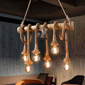 ANZZSS Bamboo Light Rope Cord Hemp Dining Lighting, Restaurant, Kitchen Vintage Pendant Lamp 6 Holder Hanging (Bulb Not Included - 6 x 40 Watts incandescent E26/E27) - Scrolling, Beige & Brown