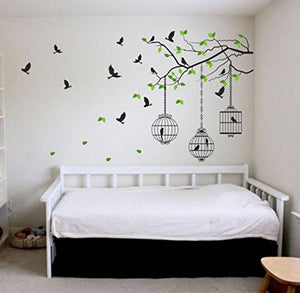 Decals Design 'Tree Branches with Leaves Birds and Cages' Wall Sticker (PVC Vinyl, 50 cm x 70 cm, Multicolour) - Home Decor Lo