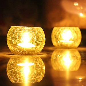 Brahmz Candle Holder Crackle Tealight Votive for Home Decor Gift Glass Candle Votive (Yellow - Pack of 2) - Home Decor Lo