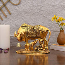 Load image into Gallery viewer, Collectible India Metal Kamdhenu Cow With Calf Showpiece, 7.5 x 7 x 5.5 Inches, Golden