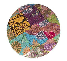 Load image into Gallery viewer, Ikiriya Solid Wood Multicolor Kantha Cushioned Stool - Patchwork Handstitch Kantha; Teak Finish Legs - Home Decor Lo