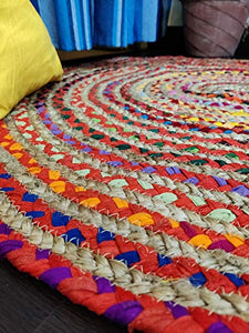 Rangbhar Handmade Round Jute Rug, 90 cm, Round Chindi Rug for Living/Dining Room, Multi Colour… - Home Decor Lo