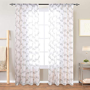 Topick Sheer Curtains for Living Room Curtain Leaf Embroidered Rod Pocket Window Curtains Botanical Geometric Embroidery Semi-Sheer Curtain for Bedroom 2 Panels 84 inch Grey - Home Decor Lo