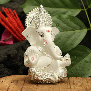 Collectible India Silver Plated Lord Ganesha for Car Dashboard Statue Ganpati Figurine God of Luck & Success Diwali Gifts Home Decor (Size: 3.5 x 2 inches)