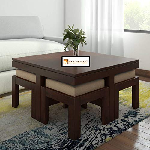 Hariom Handicraft KendalWood Furniture Sheesham Wood Espresso Finish Coffee Table with 4 Stool with Cream Cushion - Home Decor Lo