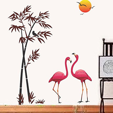 Decals Design 'Flamingos and Bamboo at Sunset' Wall Sticker (PVC Vinyl, 90 cm x 60 cm, Multicolour) - Home Decor Lo
