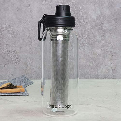 InstaCuppa Borosilicate Glass Water Bottle 1000 ML with Full Length Stainless Steel Infuser, Fruit Infused Detox Recipes eBook, Innovative Time Markings, Sports Sipper Lid, Removable Neoprene Sleeve - Home Decor Lo