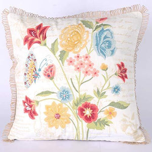 AJS Living Cushion with Cover, Pillow for Home Office School Chair seat, Takiya of White Floral Embroidere, Printed Writing, Jute Border Cushions TC - 300, Size - 20 x 20 Inch - Home Decor Lo
