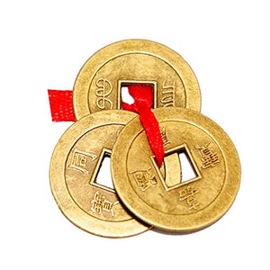 Divya Mantra Feng Shui Chinese Lucky Fortune I-Ching Coin Ornaments Wealth Charm Amulet Three Bronze Metal Coins with Hole and Red Ribbon Knot for Good Money Luck, Decoration Charms Set of 5 – Golden - Home Decor Lo