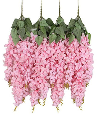 Duovlo Silk Wisteria Flower Artificial 2.13 Feet Hanging Wisteria Vine Fake Flower Bush String Home Party Wedding Decoration,Pack of 4 (Pink) - Home Decor Lo