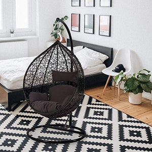 Carry Bird Furniture Metal; Rattan and Wicker Cocoon Ball Basket Chair Hanging Swing with Tufted Outdoor Poly-Fibre Patio Seat Padded Cushion Pillow and Stand Hook; Standard; Black - Home Decor Lo
