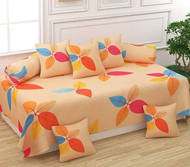 FESTIVAL HOME FURNISHINGS Supersoft Diwan Covers Set of 1 Bedsheet 2 Bolster Covers 5 Cushions Covers | Multicolor Leaves Print | - Home Decor Lo
