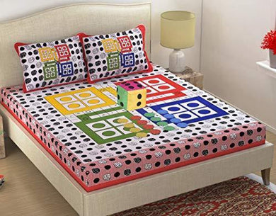 Fabture Ludo Print 160 TC Cotton Double Bedsheet with 2 Pillow Covers, Dice and 16 Tokens- Multicolor - Home Decor Lo