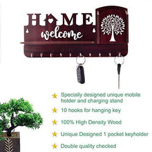 Load image into Gallery viewer, Aditya Handicrafts Welcome &amp; Home Unique Key Holder With Mobile Holder &amp; Charging Stand Cloth Toval &amp; Mask Hanger Watch Wallet Showpiece Storage Self Wooden Handcrafted Home &amp; Office Decoration (10 Hooks, Wooden) - Home Decor Lo