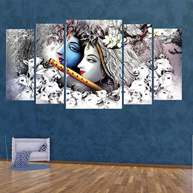 Kyara arts Big Size Multiple Frames, Beautiful Grey Radha Krishna Wall Painting for Living Room, Bedroom, Office, Hotels, Drawing Room Wooden Framed Digital Painting (60inchx30inch) - Home Decor Lo