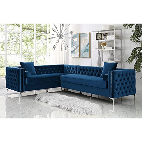 Solid sal Wood Velvet 5 Seater Corner Sectional Button Tufted Chesterfield L Shape Sofa Set - Home Decor Lo