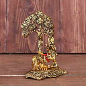 Chhariya Crafts Metal Krishna with Cow Standing Under Tree Plying Flute Decorative Showpiece (Metal, Gold) - Home Decor Lo