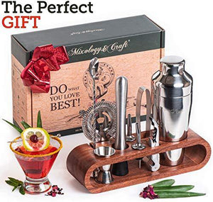 Mixology Bartender Kit: 10-Piece Bar Tool Set with Stylish Mahogany Stand - Perfect Home Bartending Kit and Martini Cocktail Shaker Set For an Awesome Drink Mixing Experience - Exclusive Recipes Bonus - Home Decor Lo