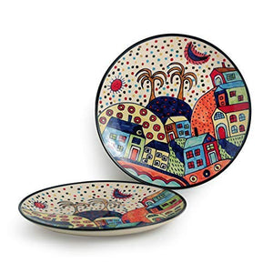ExclusiveLane Hut Handpainted Ceramic Dinner Plates Dinnerware Serving Plate Thali Ceramic Plates for Dinner (2 Pieces, Microwave & Dishwasher Safe) - Home Decor Lo