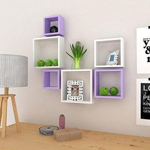 Santosha Decor MDF Wall Shelf Square Shape Set of 6 Floating Wall Shelves (White & Purple) - Home Decor Lo