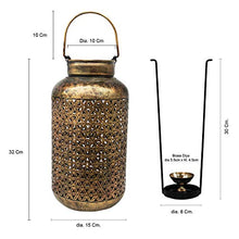 Load image into Gallery viewer, SADHUBELA Iron Brass Lantern (burni lantern: 15 x 32 cm, hanger: 18 x 2 x18 cm, brass chain: 10 cm, brass bells: 2.5 x 4 cm, brass diya: 5.5 x 4.5 cm, Antique Golden)