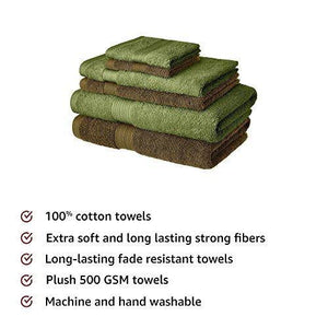 Amazon Brand - Solimo 100% Cotton 6 Piece Towel Set, 500 GSM (Brown and Olive Green) - Home Decor Lo