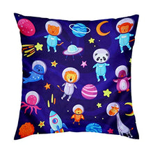 Load image into Gallery viewer, CRAFTLINEN Premium Kids Nursery Decor - Digital Print Reversible Cushion Cover for Babies and Toddler Bed &amp; Seating 16 x 16 inch (Astronaut and Space Animal Fun) - Home Decor Lo