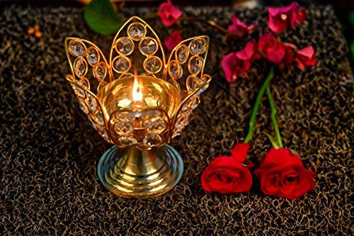 Festive Creations Brass Small Bowl Crystal Diya Round Shape Kamal Deep Akhand Jyoti Oil Lamp for Home Temple Puja Decor Gifts (Width 3 inch heigh 2.5 inch) - Home Decor Lo