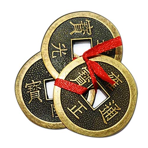 Divya Mantra Feng Shui Chinese Lucky Fortune I-Ching Dragon Coin Ornaments Wealth Charm Amulet Three Bronze Metal Coins with Hole and Red Ribbon Knot for Good Money Luck, Decoration Charms – Copper - Home Decor Lo