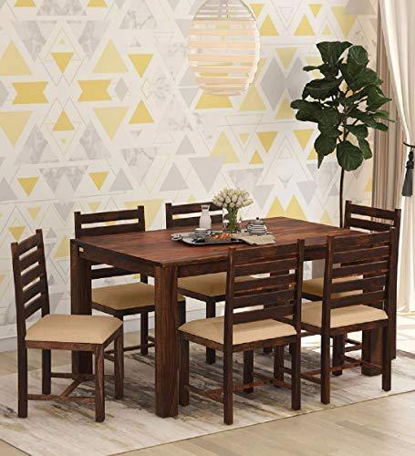 Solid Wooden 6 Seater Dining Table with 6 Chairs: Teak Finish - Home Decor Lo