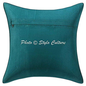 Stylo Culture Banarasi Silk Brocade Jacquard Decorative Sofa Cushion Covers 16 by 16 Set of 2 Living Room Sea Green Square Elephant Ethnic Home Decor Cushions Pillows 16x16 - Home Decor Lo
