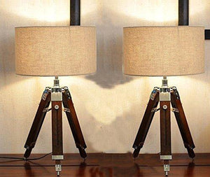 Beverly Studio 12 Inches Beige Drum Shade Sheesham 12 Inches High Wooden Tripod Lamp - Home Decor Lo