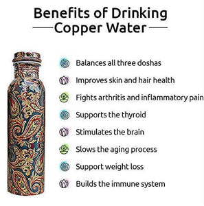 Ayurveda Copper™ |Pure Copper Printed Water Bottle | Green Designer Copper Bottle, Leak Proof, Joint-Less, Seamless| Capacity 1 Liter | Antique Yoga Water Bottle - Home Decor Lo