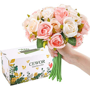 CEWOR 2 Packs Artificial Rose Flowers Bouquet 24 Heads Silk Flowers Rose for Home Bridal Wedding Party Festival Decor (Champagne) - Home Decor Lo