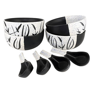 KITTENS Hand Painted in Speckled Black N White Ceramic Soup Bowl with Spoon - Set of 4 - Home Decor Lo