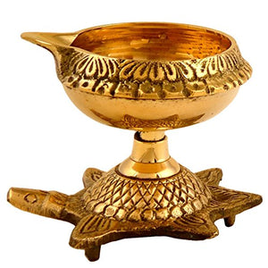 Hashcart Handmade Brass Kuber Diya with Turtle Base, Engraved Design Diyas for Pooja and Return Gifts- (Gold) - Home Decor Lo