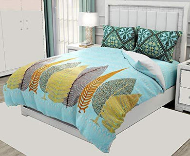 Virtual Trade 320TC Premium Fine Cotton Jumbo Leaves Printed Design Bedsheet for Double Bed King Size with 2 Pillow Covers 100X108 Inches (Blue-Pine) - Home Decor Lo