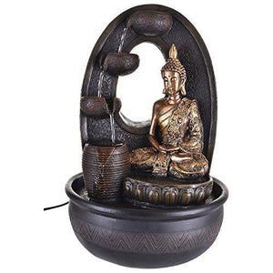 eCraftIndia White Metal Cow and Calf & Golden Textured Lord Buddha with Round Base Polystone Water Fountain (27 cm X 27 cm X 42 cm, Brown) Combo - Home Decor Lo