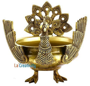 La Creativity Peacock Winged Design Brass Urli | Home Decor |(Standard Size) - Home Decor Lo